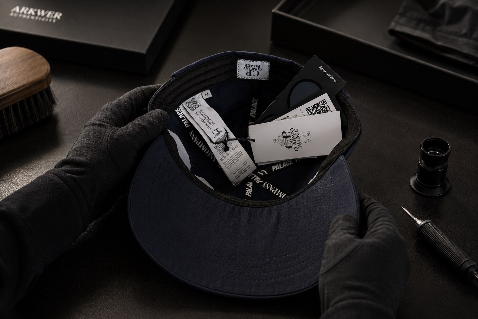 Mains gantées tenant une casquette C.P. Company Palace retournée : étiquette de composition, étiquette de taille et cartonnages de marque examinés côte à côte.